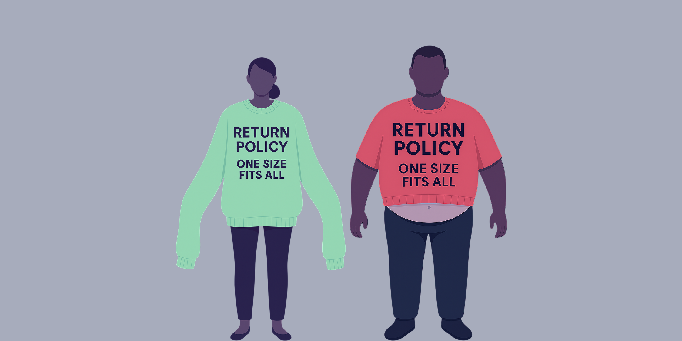 Illustration of two people wearing ill-fitting jumpers that read 'Return Policy: One Size Fits All' &mdash; a woman with sleeves far too long and a man in a crop top that exposes his stomach, symbolising the problems with one-size-fits-all return policies.